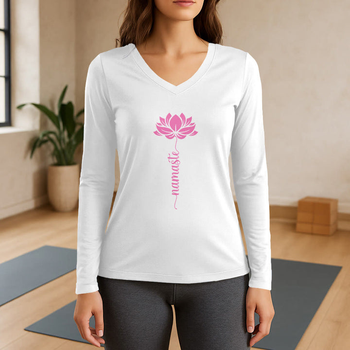 Olivenorma Namaste Lotus Yoga T-shirt à manches longues et col en V - Blanc - 3XL - image 0