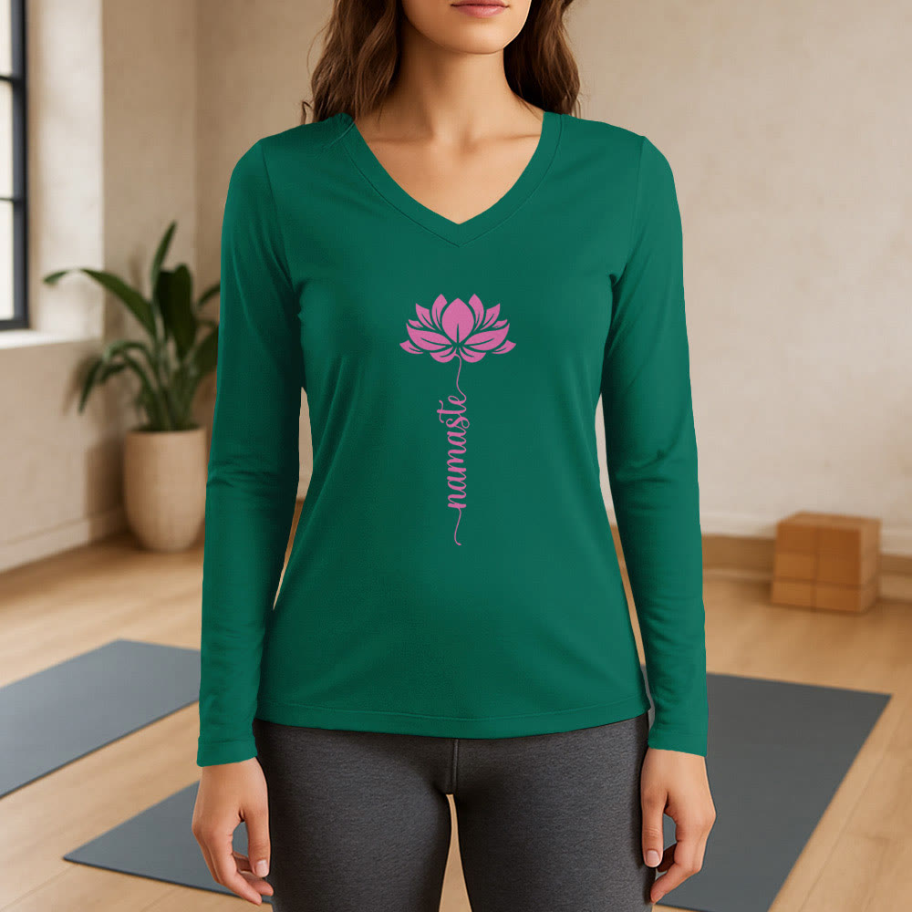 Olivenorma Namaste Lotus Yoga T-shirt à manches longues et col en V - Vert - 3XL - image 11