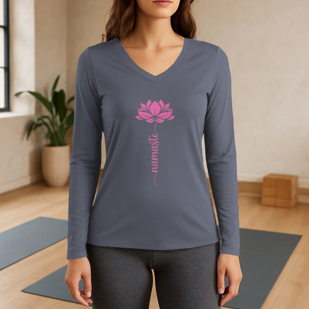 Olivenorma Namaste Lotus Yoga T-shirt à manches longues et col en V - Gris - 3XL - image 16