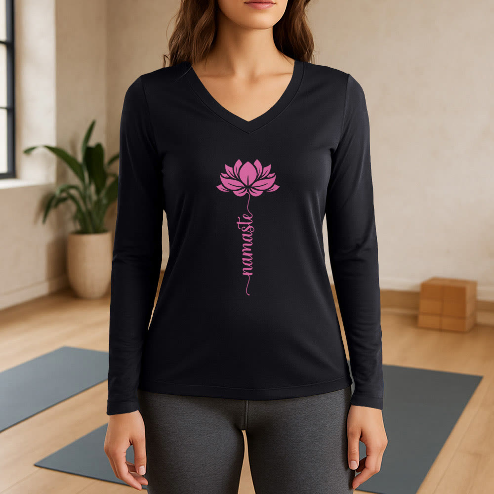 Olivenorma Namaste Lotus Yoga T-shirt à manches longues et col en V - Noir - 3XL - image 7