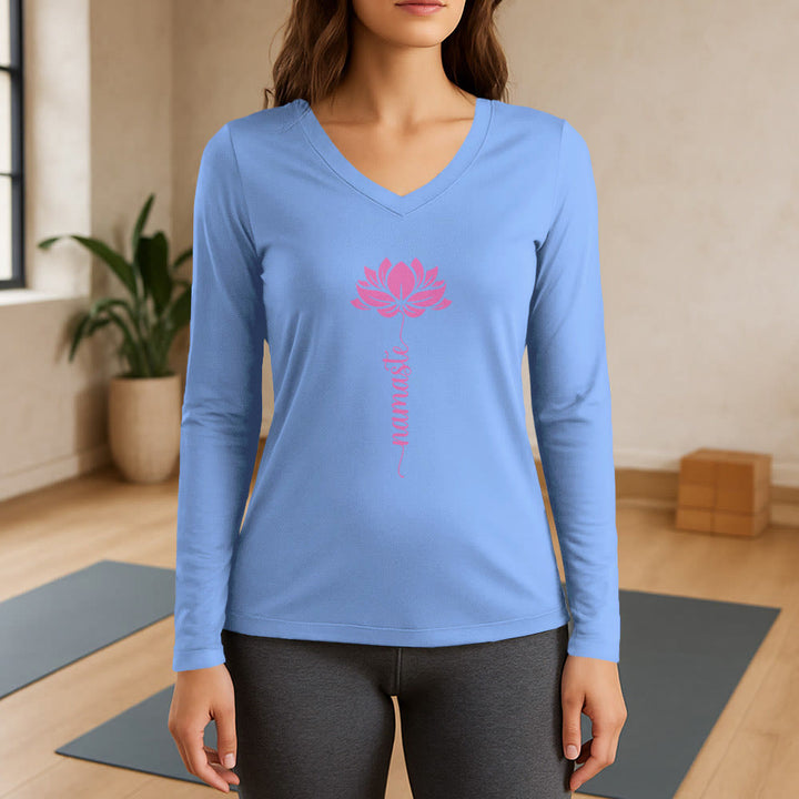 Olivenorma Namaste Lotus Yoga T-shirt à manches longues et col en V - Bleu clair - 3XL - image 10