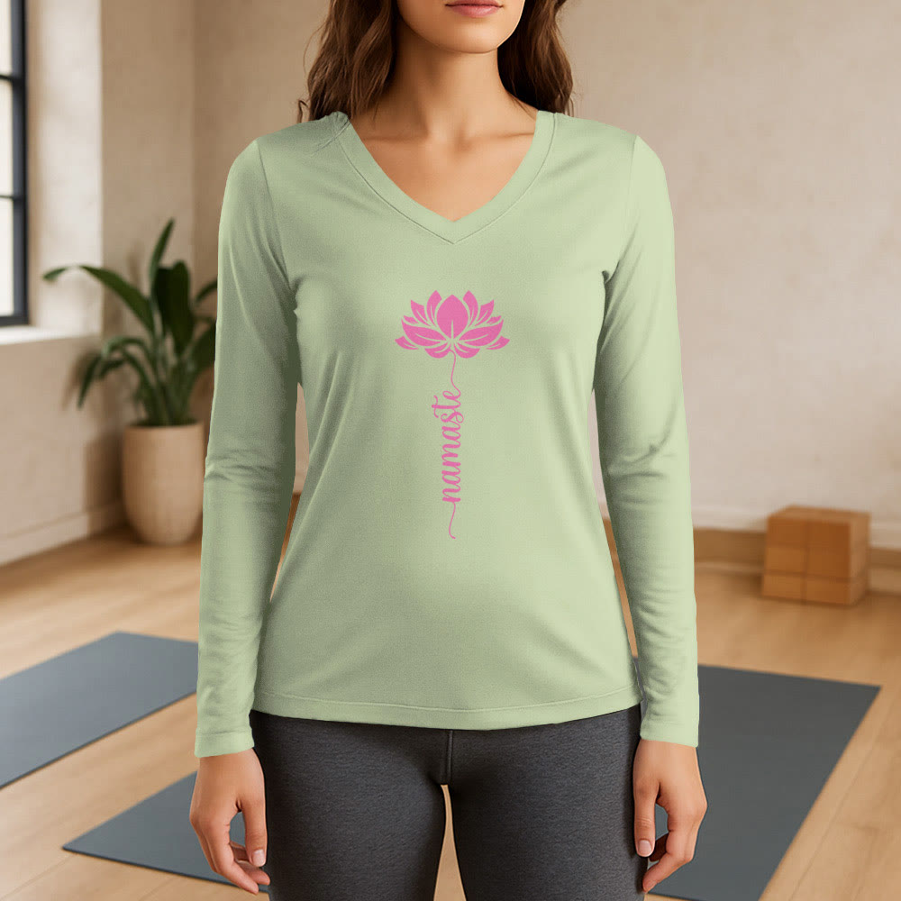 Olivenorma Namaste Lotus Yoga T-shirt à manches longues et col en V - Vert clair - 3XL - image 9