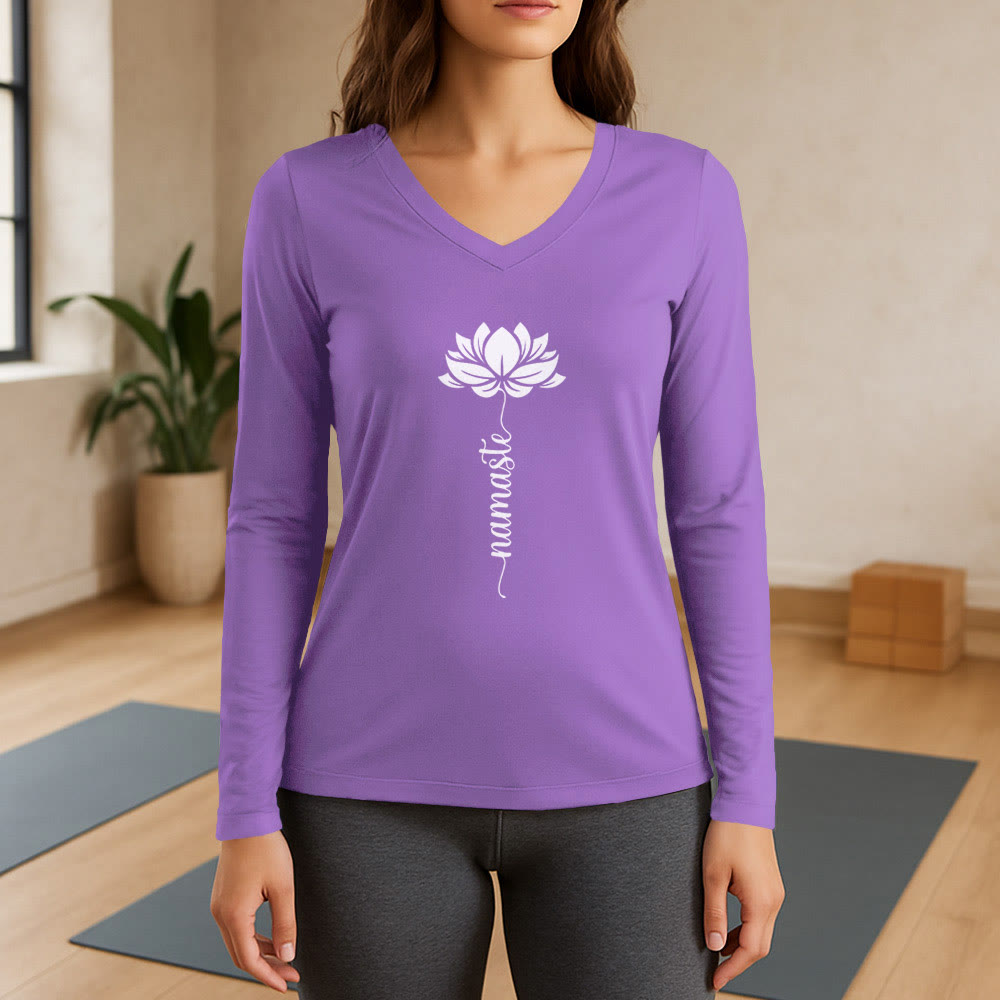 Olivenorma Namaste Lotus Yoga T-shirt à manches longues et col en V - Violet - 3XL - image 14