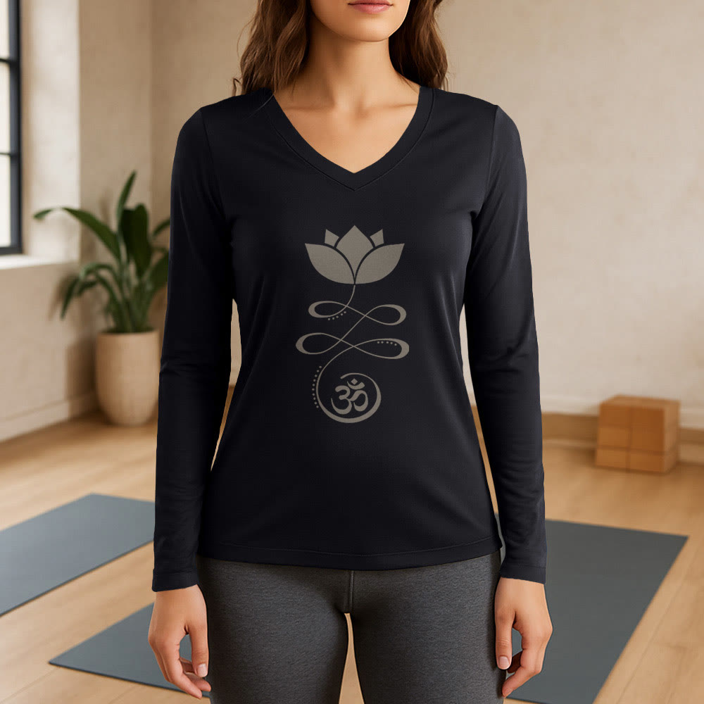 T-shirt à manches longues et col en V Olivenorma Yoga avec symbole Om et fleur de lotus - Noir - 3XL - image 9
