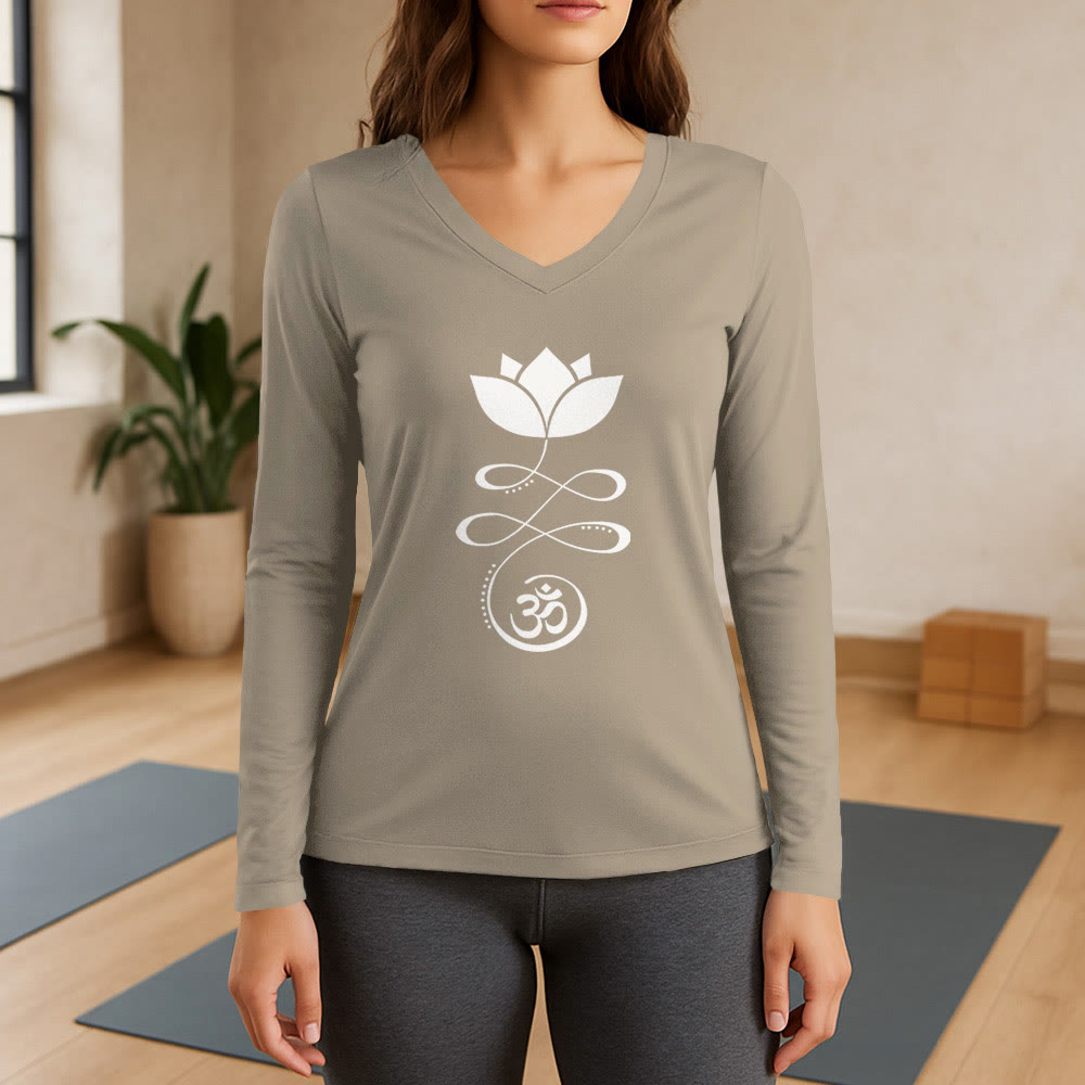 T-shirt à manches longues et col en V Olivenorma Yoga avec symbole Om et fleur de lotus - Kaki - 3XL - image 17