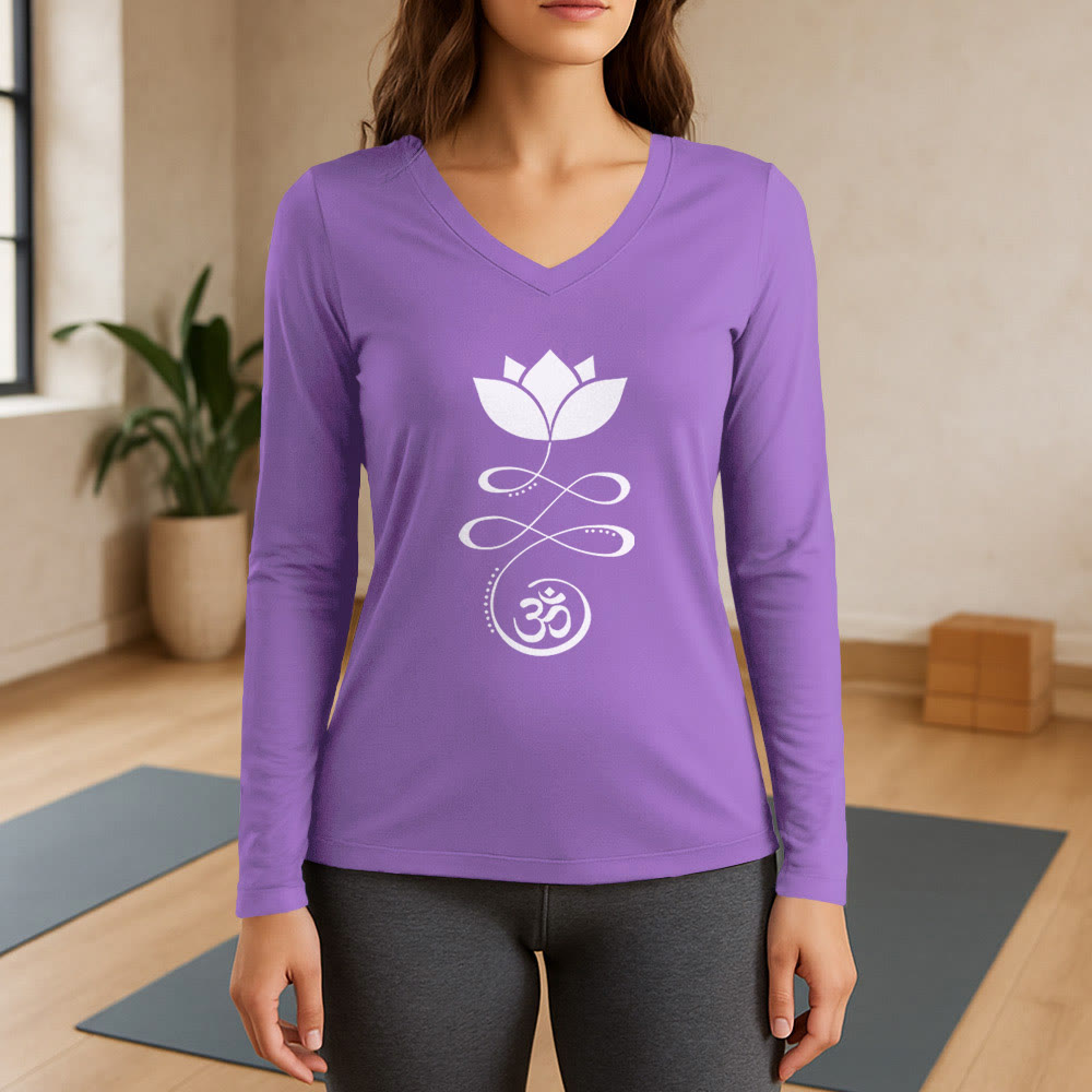 T-shirt à manches longues et col en V Olivenorma Yoga avec symbole Om et fleur de lotus - Violet - 3XL - image 14