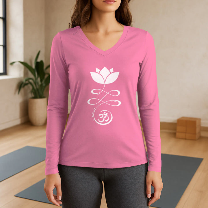 T-shirt à manches longues et col en V Olivenorma Yoga avec symbole Om et fleur de lotus - Rose - 3XL - image 13