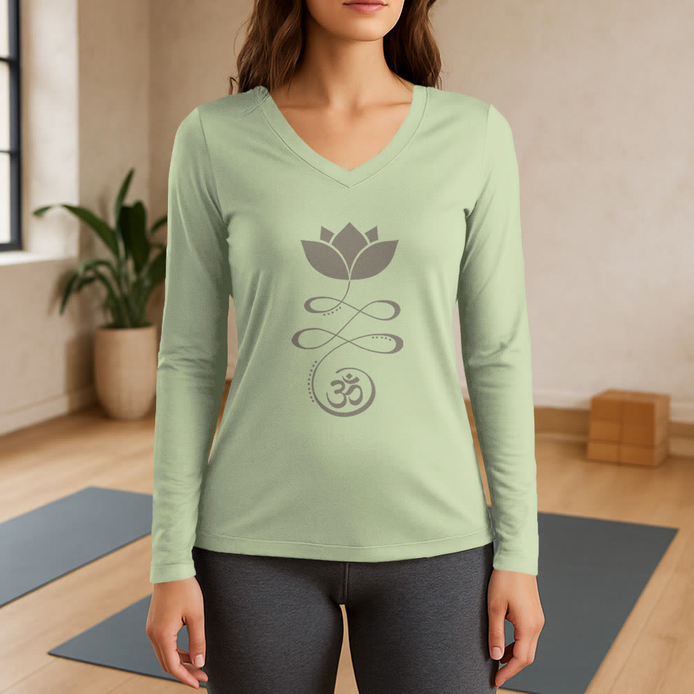 T-shirt à manches longues et col en V Olivenorma Yoga avec symbole Om et fleur de lotus - Vert clair - 3XL - image 10