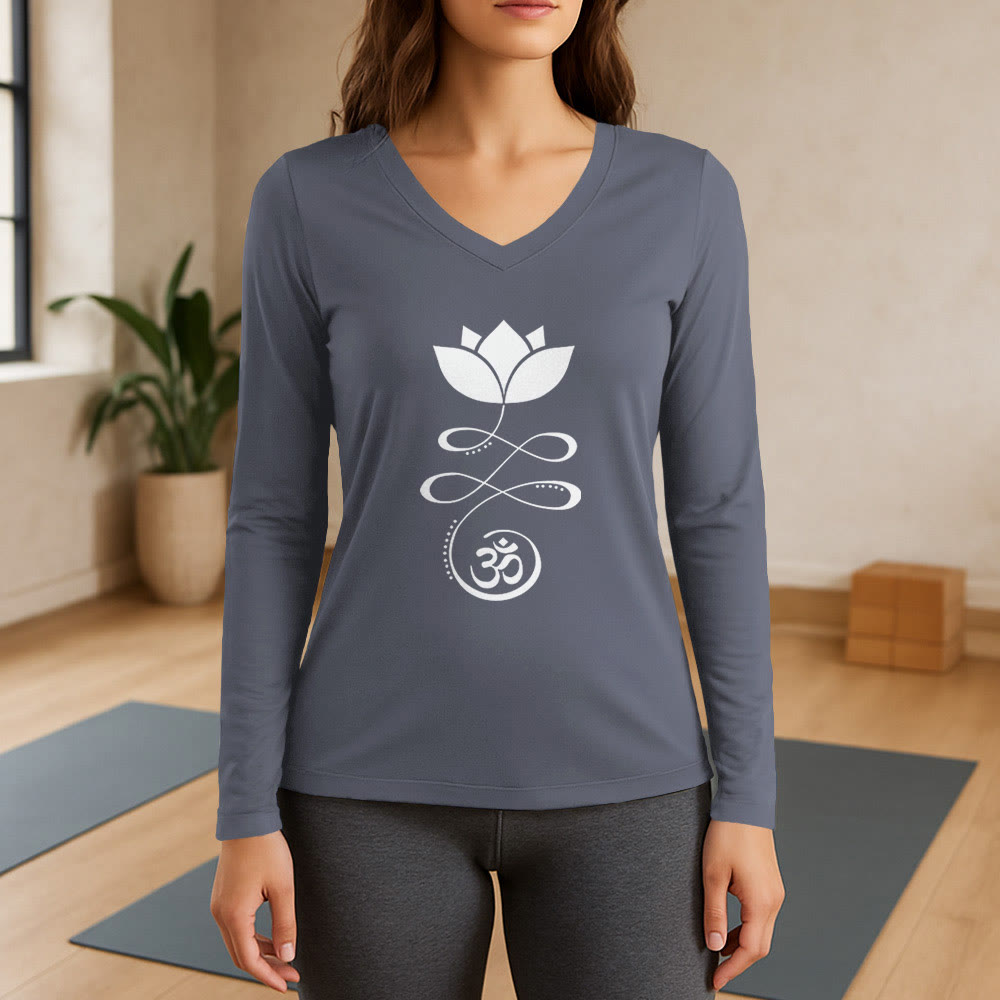 T-shirt à manches longues et col en V Olivenorma Yoga avec symbole Om et fleur de lotus - Gris - 3XL - image 16