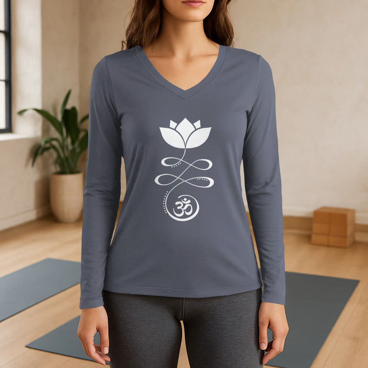 T-shirt à manches longues et col en V Olivenorma Yoga avec symbole Om et fleur de lotus - Gris - 3XL - image 16
