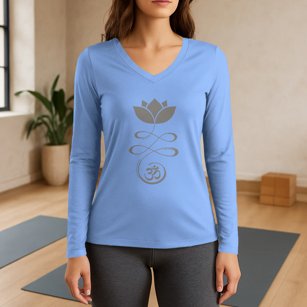 T-shirt à manches longues et col en V Olivenorma Yoga avec symbole Om et fleur de lotus - Bleu clair - 3XL - image 11