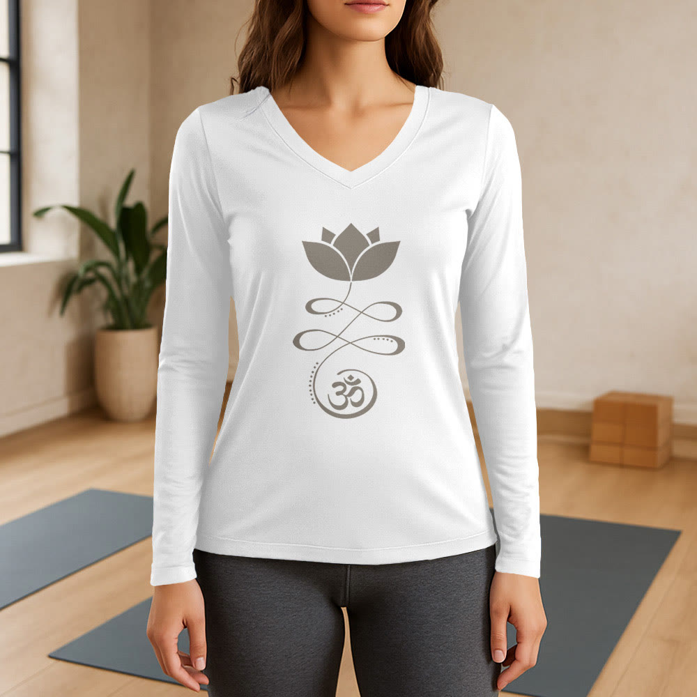 T-shirt à manches longues et col en V Olivenorma Yoga avec symbole Om et fleur de lotus - Blanc - 3XL - image 7