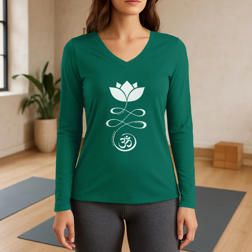 T-shirt à manches longues et col en V Olivenorma Yoga avec symbole Om et fleur de lotus - Vert - 3XL - image 12