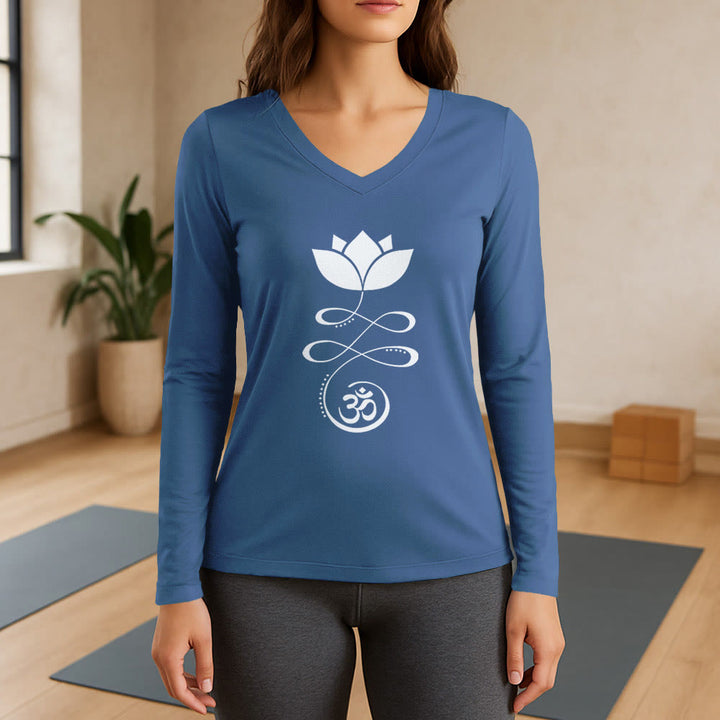 T-shirt à manches longues et col en V Olivenorma Yoga avec symbole Om et fleur de lotus - Bleu - 3XL - image 0
