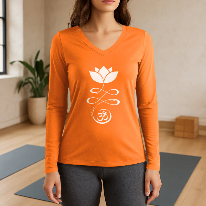 T-shirt à manches longues et col en V Olivenorma Yoga avec symbole Om et fleur de lotus - Orange - 3XL - image 15