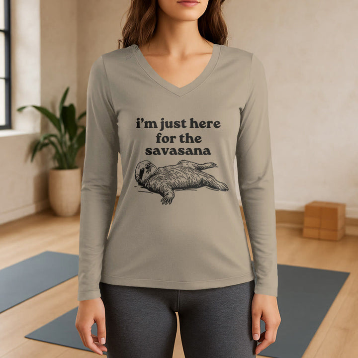 T-shirt à manches longues et col en V Olivenorma « Je suis juste là pour Savasana » - Kaki - 3XL - image 17