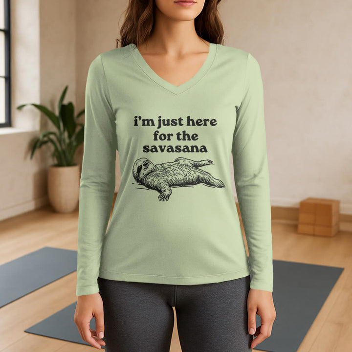 T-shirt à manches longues et col en V Olivenorma « Je suis juste là pour Savasana » - Vert clair - 3XL - image 10