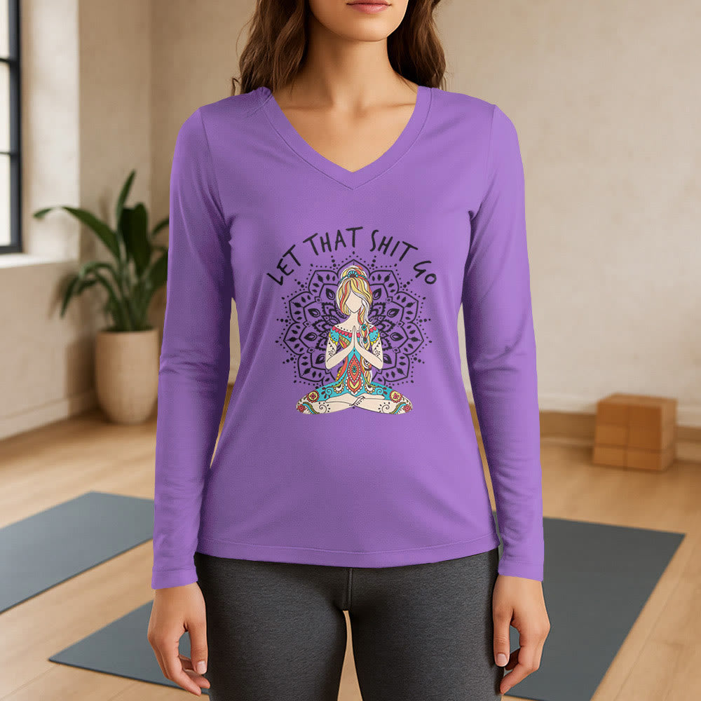 T-shirt à manches longues et col en V Olivenorma « Laisse tomber » pour la méditation et le yoga - Violet - 3XL - image 14