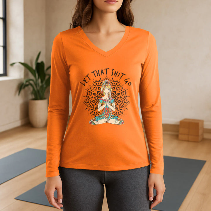 T-shirt à manches longues et col en V Olivenorma « Laisse tomber » pour la méditation et le yoga - Orange - 3XL - image 15