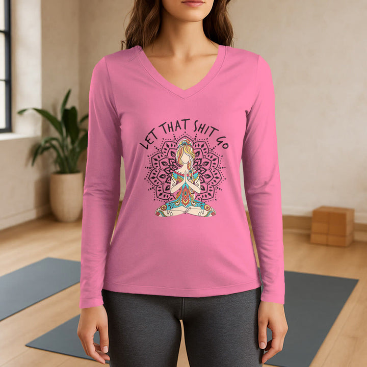 T-shirt à manches longues et col en V Olivenorma « Laisse tomber » pour la méditation et le yoga - Rose - 3XL - image 13