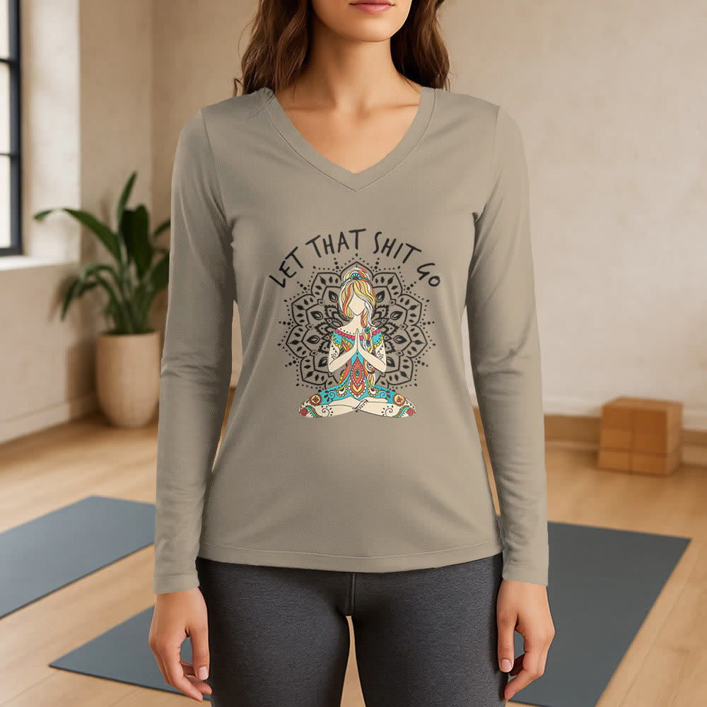 T-shirt à manches longues et col en V Olivenorma « Laisse tomber » pour la méditation et le yoga - Kaki - 3XL - image 17