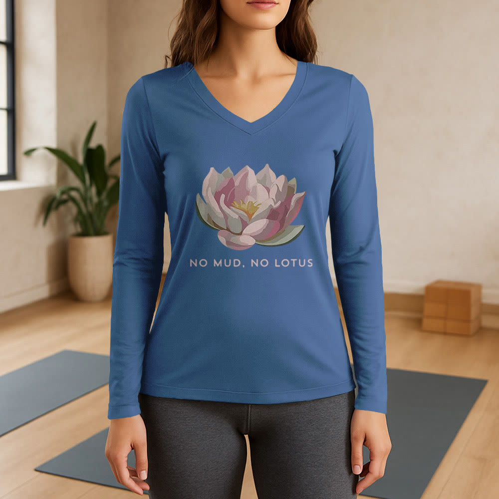 T-shirt de yoga Olivenorma « PAS DE BOUE, PAS DE LOTUS » à manches longues et col en V - Bleu - 3XL - image 12