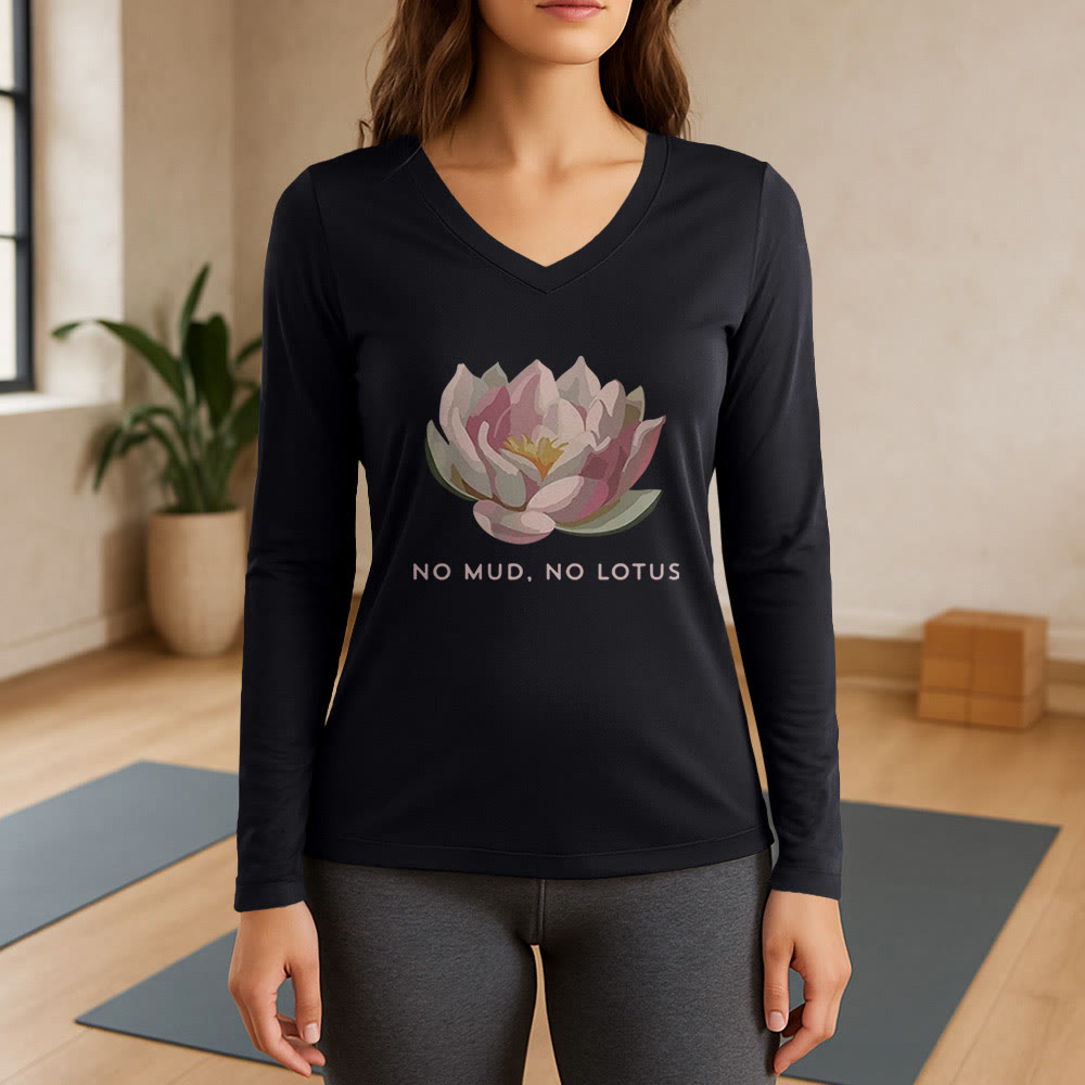T-shirt de yoga Olivenorma « PAS DE BOUE, PAS DE LOTUS » à manches longues et col en V - Noir - 3XL - image 0