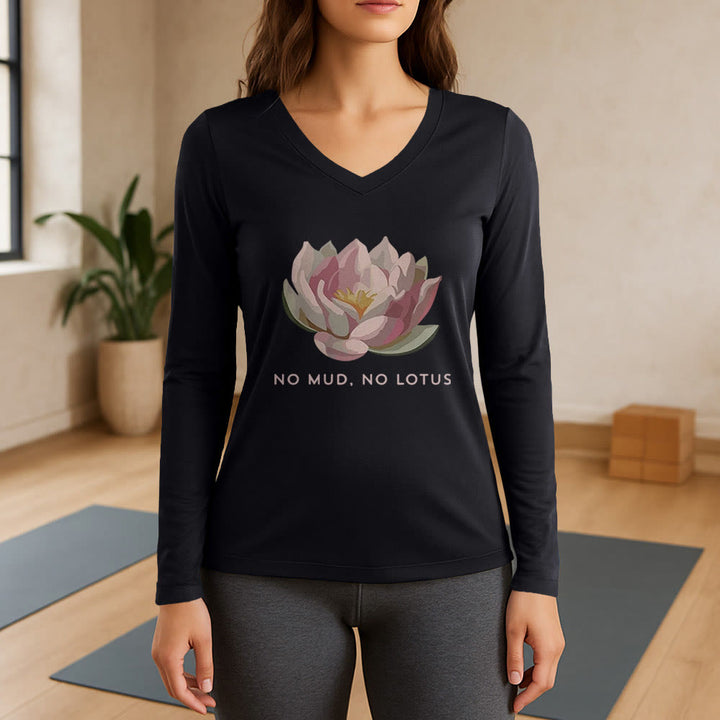 T-shirt de yoga Olivenorma « PAS DE BOUE, PAS DE LOTUS » à manches longues et col en V - Noir - 3XL - image 0