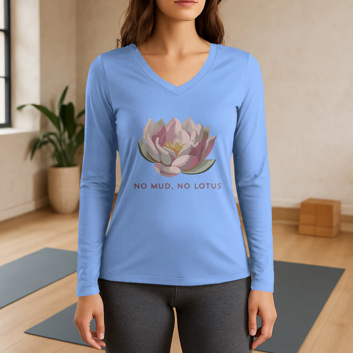 T-shirt de yoga Olivenorma « PAS DE BOUE, PAS DE LOTUS » à manches longues et col en V - Bleu clair - 3XL - image 10