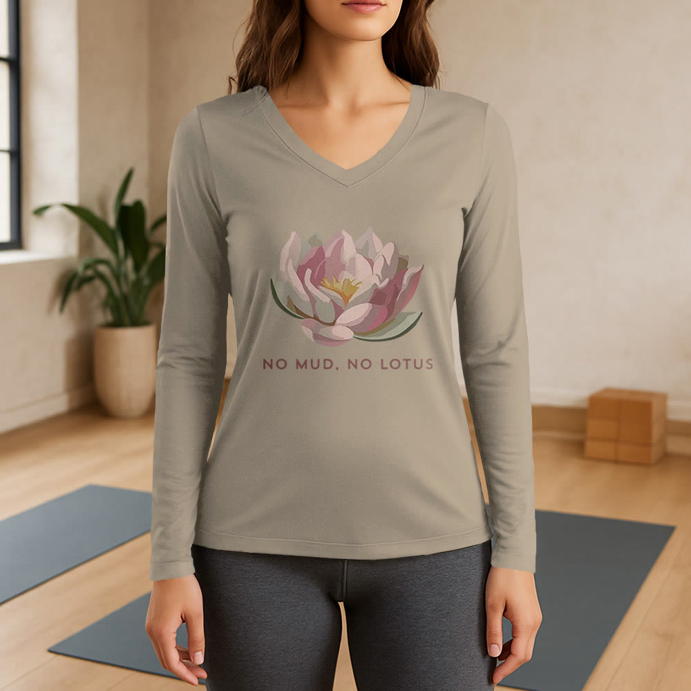 T-shirt de yoga Olivenorma « PAS DE BOUE, PAS DE LOTUS » à manches longues et col en V - Kaki - 3XL - image 17