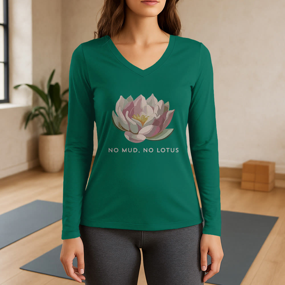 T-shirt de yoga Olivenorma « PAS DE BOUE, PAS DE LOTUS » à manches longues et col en V - Vert - 3XL - image 11