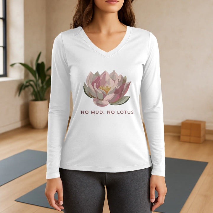 T-shirt de yoga Olivenorma « PAS DE BOUE, PAS DE LOTUS » à manches longues et col en V - Blanc - 3XL - image 7
