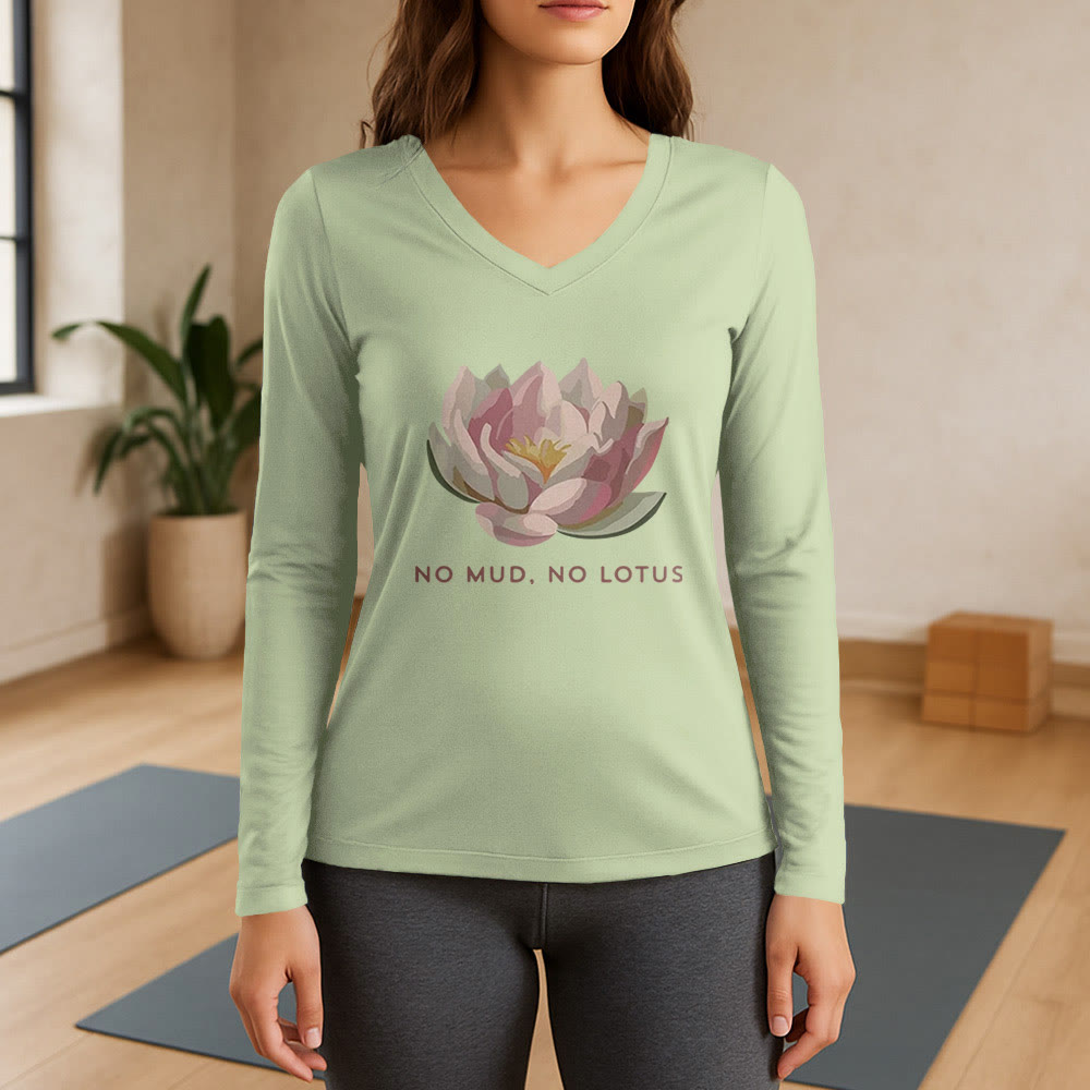 T-shirt de yoga Olivenorma « PAS DE BOUE, PAS DE LOTUS » à manches longues et col en V - Vert clair - 3XL - image 9