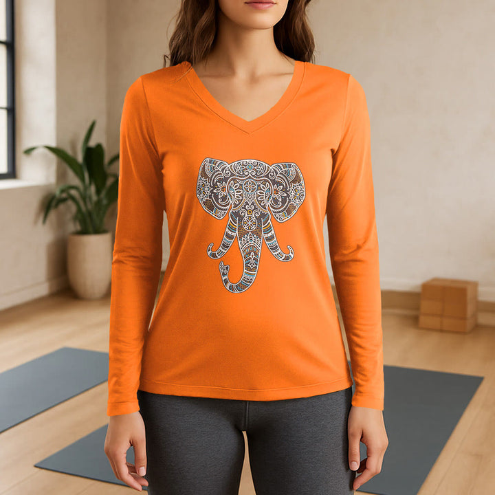 T-shirt à manches longues et col en V Olivenorma pour femme, motif éléphant, inspiré de la nature et des animaux - Orange - 3XL - image 15
