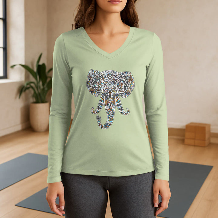 T-shirt à manches longues et col en V Olivenorma pour femme, motif éléphant, inspiré de la nature et des animaux - Vert clair - 3XL - image 10