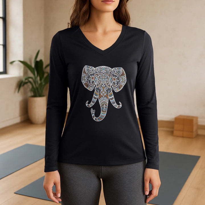 T-shirt à manches longues et col en V Olivenorma pour femme, motif éléphant, inspiré de la nature et des animaux - Noir - 3XL - image 9