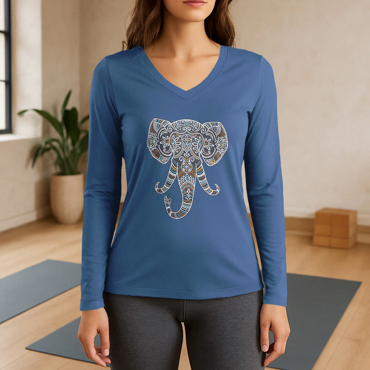T-shirt à manches longues et col en V Olivenorma pour femme, motif éléphant, inspiré de la nature et des animaux - Bleu - 3XL - image 12
