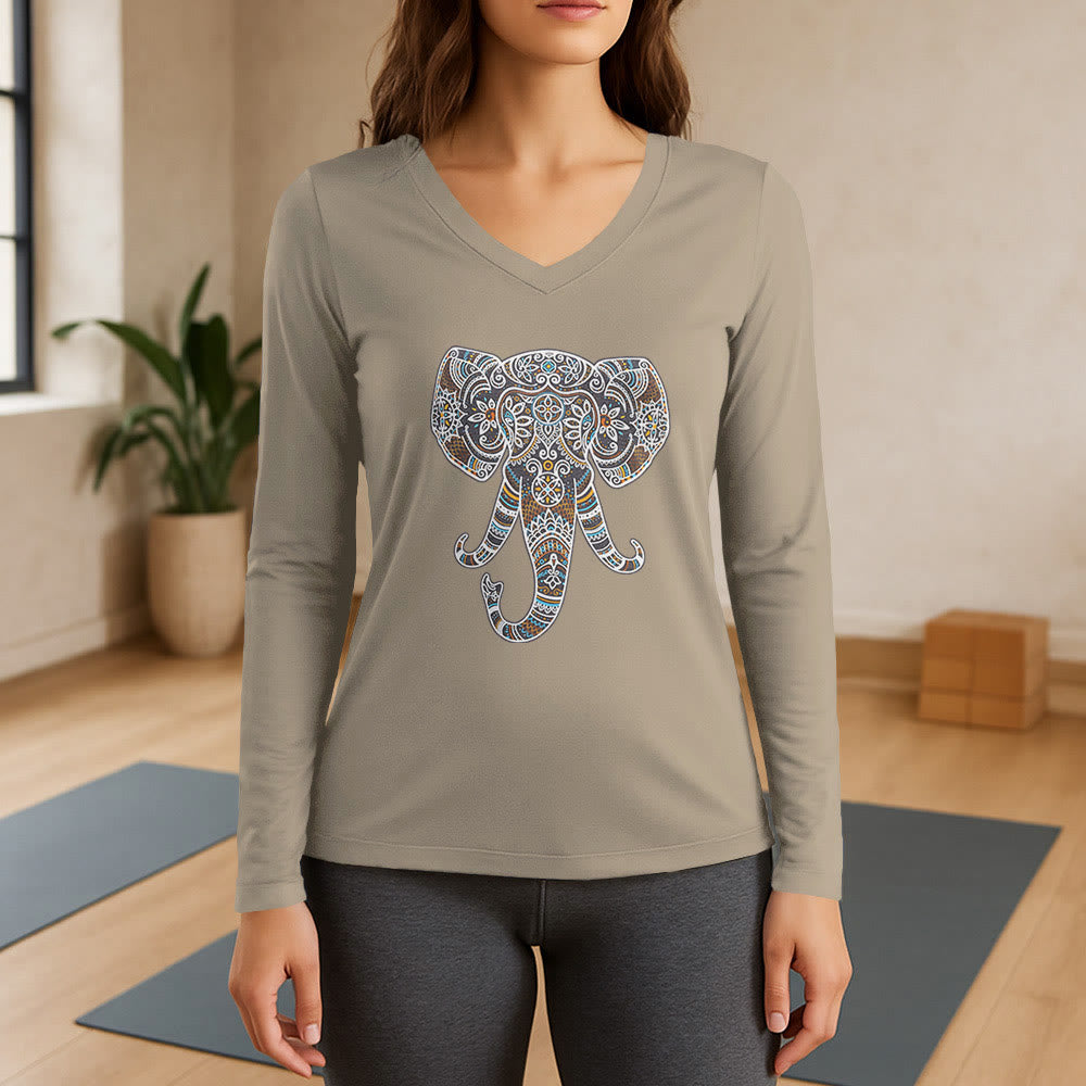 T-shirt à manches longues et col en V Olivenorma pour femme, motif éléphant, inspiré de la nature et des animaux - Kaki - 3XL - image 17