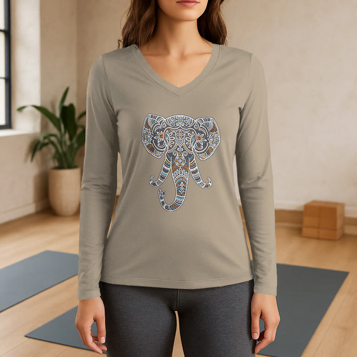 T-shirt à manches longues et col en V Olivenorma pour femme, motif éléphant, inspiré de la nature et des animaux - Kaki - 3XL - image 17