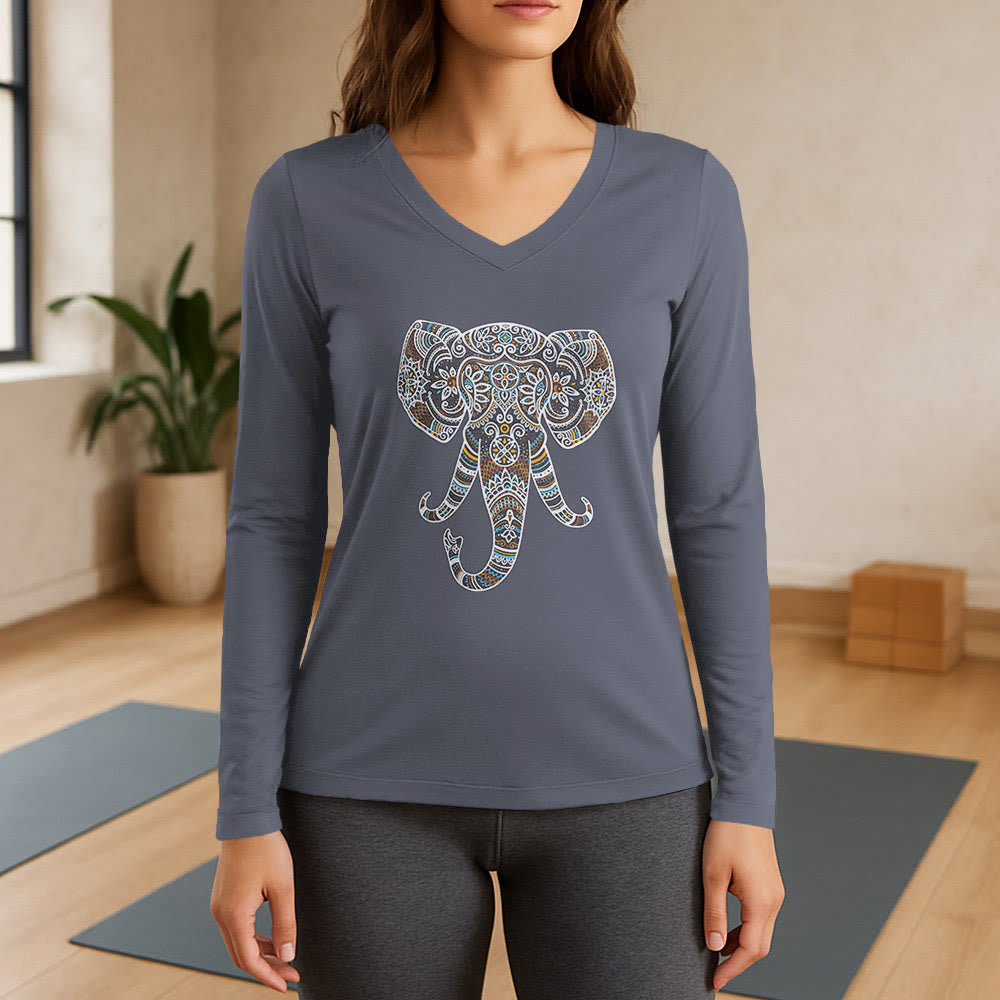 T-shirt à manches longues et col en V Olivenorma pour femme, motif éléphant, inspiré de la nature et des animaux - Gris - 3XL - image 16