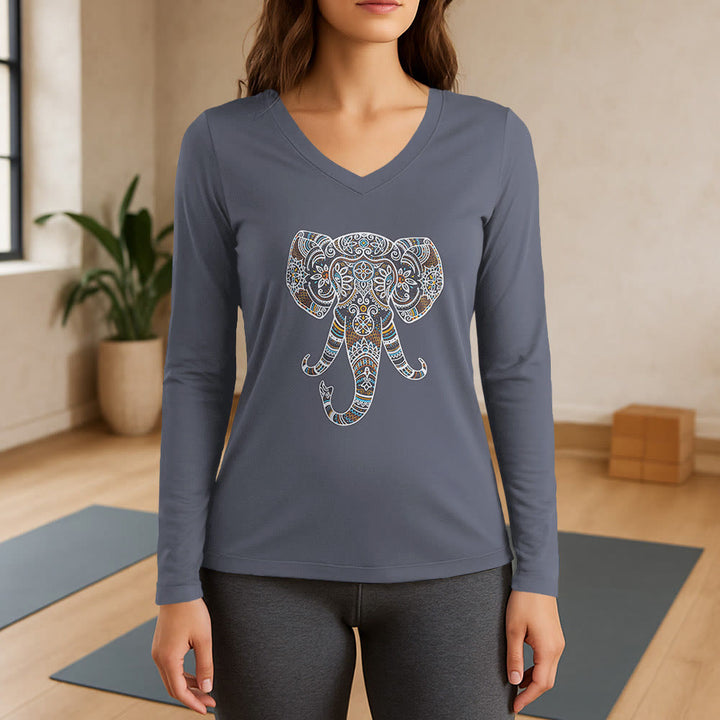 T-shirt à manches longues et col en V Olivenorma pour femme, motif éléphant, inspiré de la nature et des animaux - Gris - 3XL - image 16