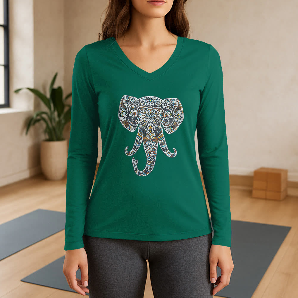 T-shirt à manches longues et col en V Olivenorma pour femme, motif éléphant, inspiré de la nature et des animaux - Vert - 3XL - image 0