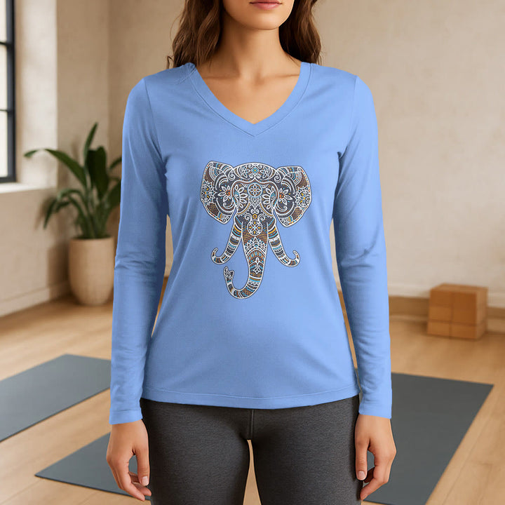 T-shirt à manches longues et col en V Olivenorma pour femme, motif éléphant, inspiré de la nature et des animaux - Bleu clair - 3XL - image 11