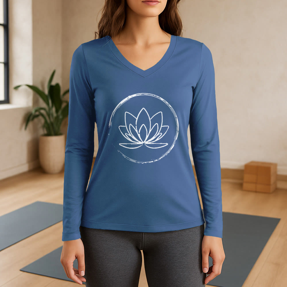 T-shirt Olivenorma Boho Lotus Flower à manches longues et col en V - Bleu - 3XL - image 12