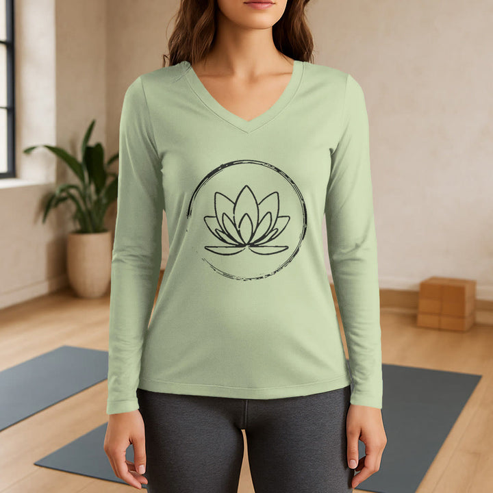 T-shirt Olivenorma Boho Lotus Flower à manches longues et col en V - Vert clair - 3XL - image 9