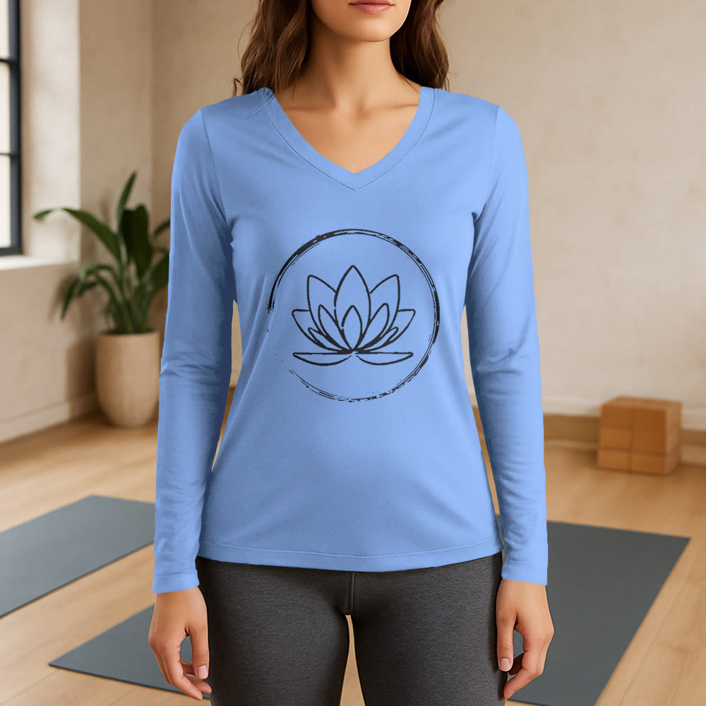 T-shirt Olivenorma Boho Lotus Flower à manches longues et col en V - Bleu clair - 3XL - image 10