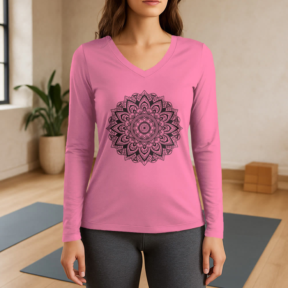 T-shirt de yoga à manches longues et col en V Olivenorma à motif géométrique de fleur de lotus - Rose - 3XL - image 13