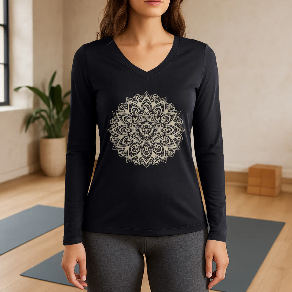 T-shirt de yoga à manches longues et col en V Olivenorma à motif géométrique de fleur de lotus - Noir - 3XL - image 9