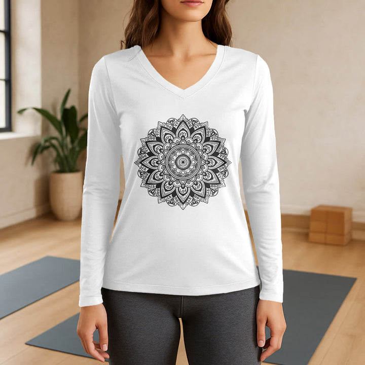 T-shirt de yoga à manches longues et col en V Olivenorma à motif géométrique de fleur de lotus - Blanc - 3XL - image 7