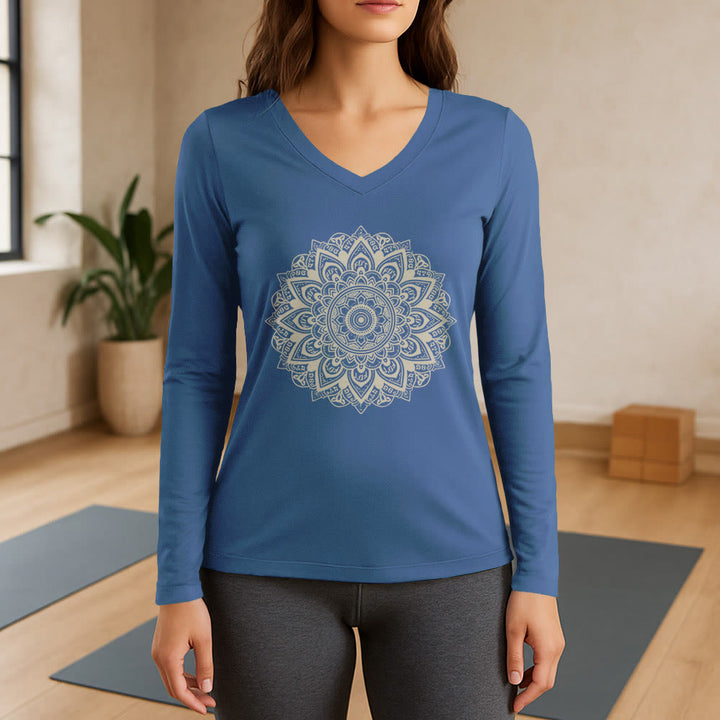T-shirt de yoga à manches longues et col en V Olivenorma à motif géométrique de fleur de lotus - Bleu - 3XL - image 12
